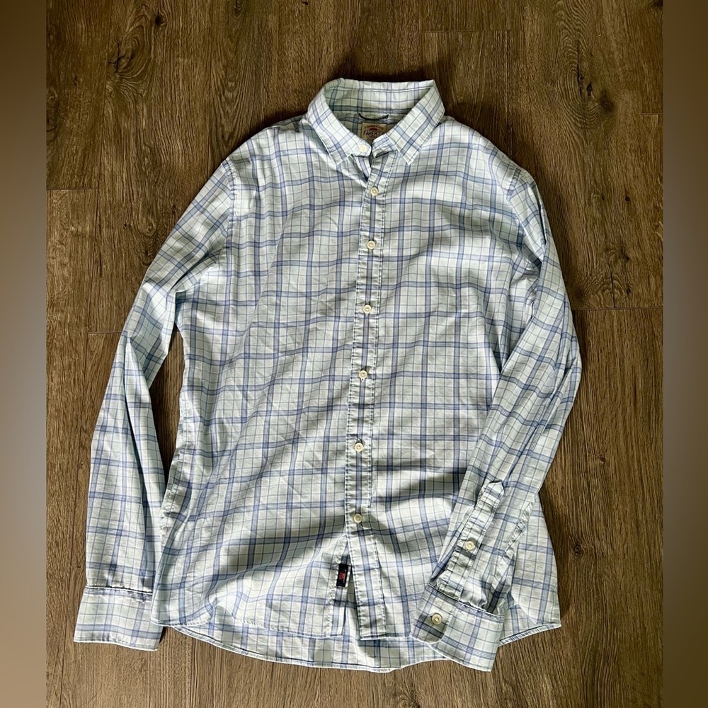 Faherty Brand Menâs Button Down Shirt Blue & White Plaid Size Large